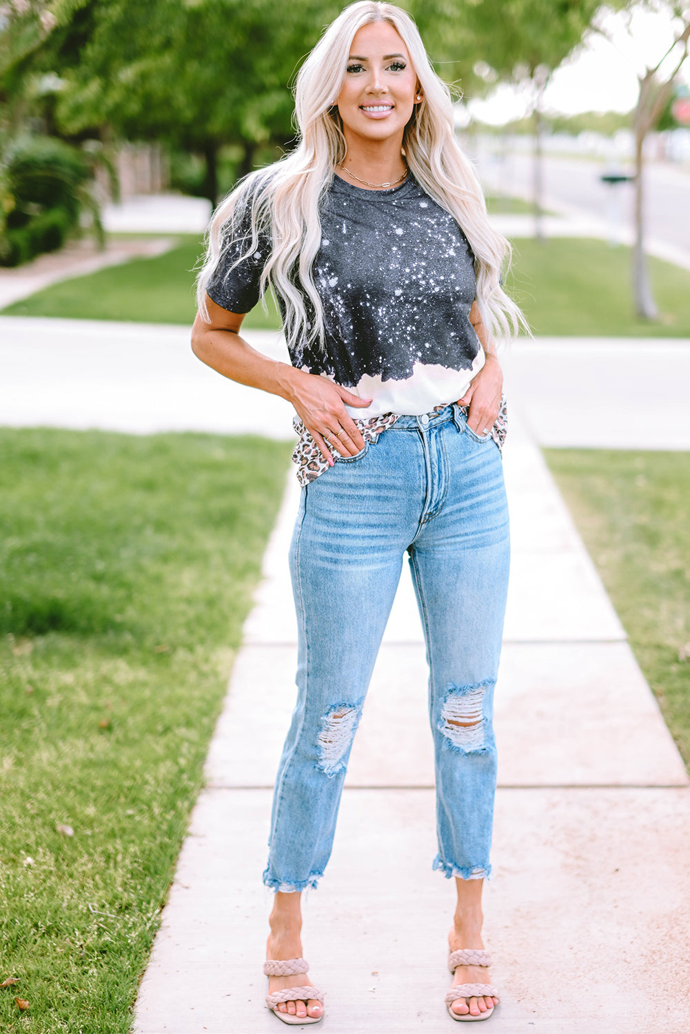 Black Leopard Print Detail Bleached Tee