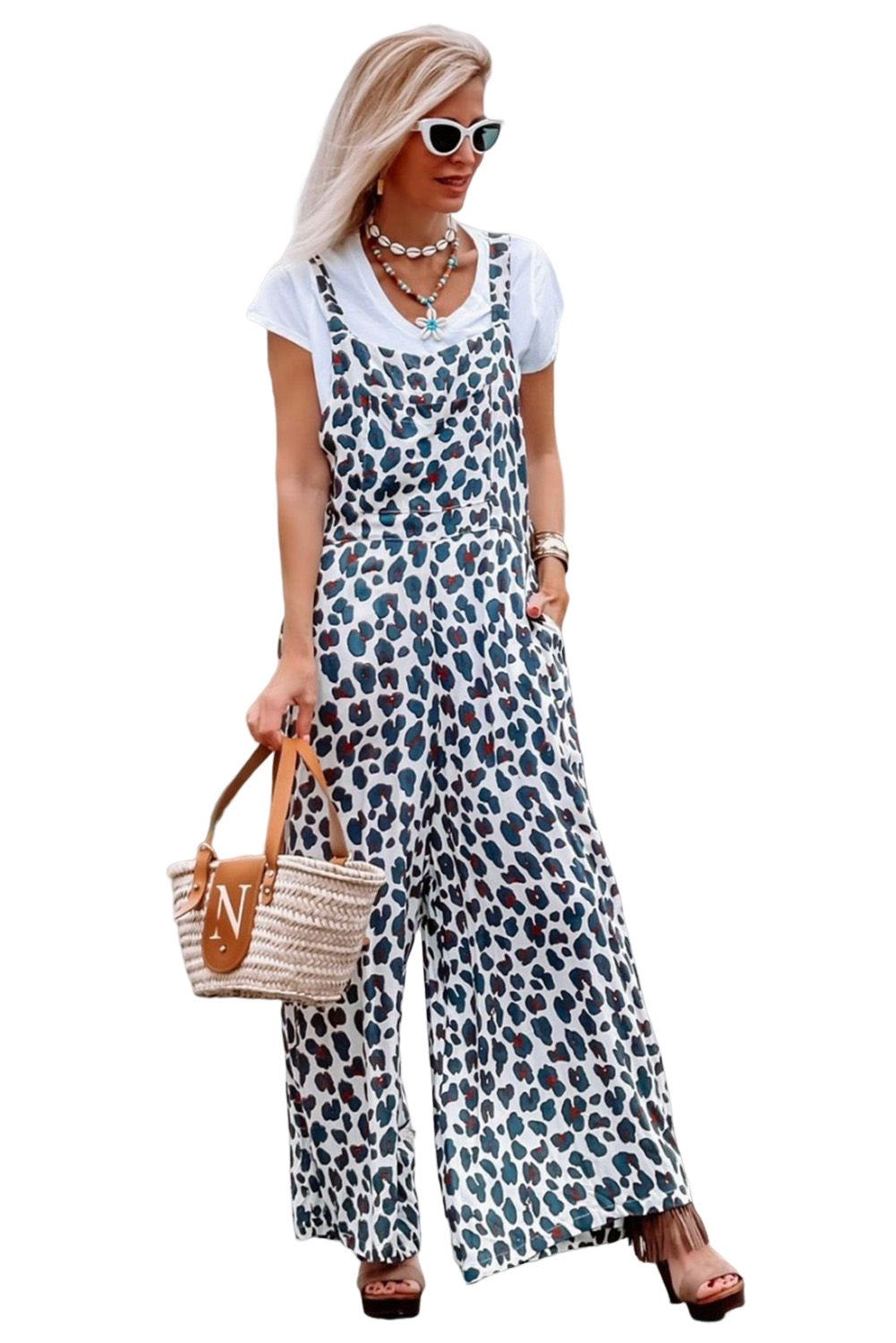 White Wide Leg Leopard Print Jumpsuit Overalls