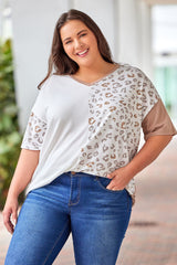 White Plus Size Leopard Patchwork Short Sleeve Top