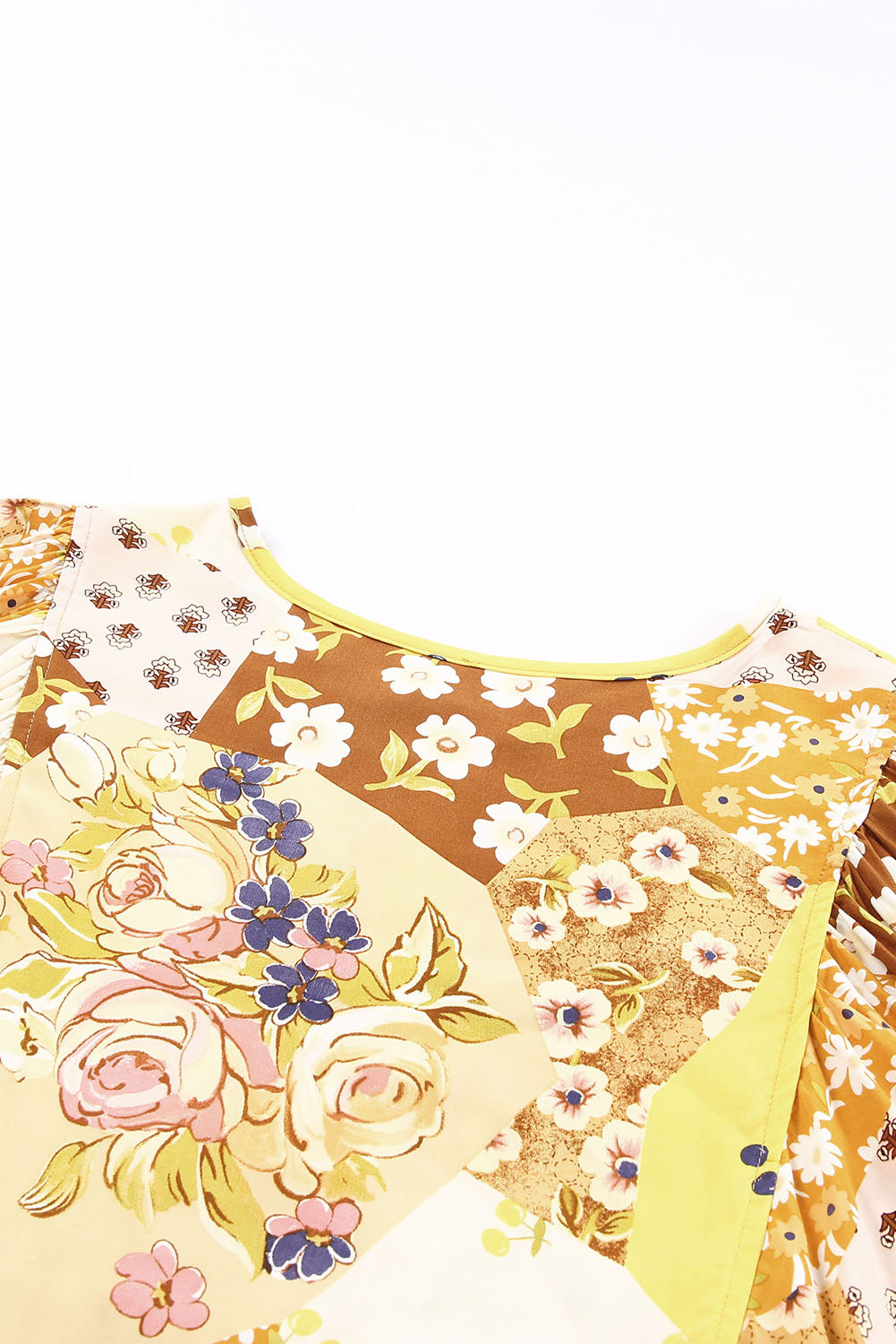 Yellow Floral Buttoned Pleated Long Sleeve Babydoll Dress