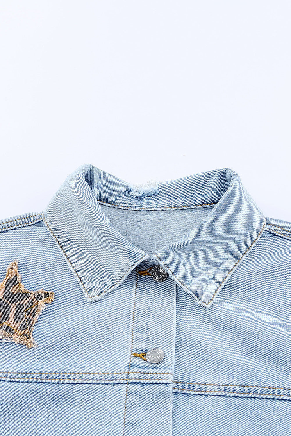 Sky Blue Leopard Star Distressed Cropped Denim Jacket