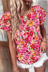 Red Floral Layered Sleeve Blouse