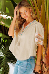 Beige Tassel Drawstring Embroidered Half Sleeve V Neck Top