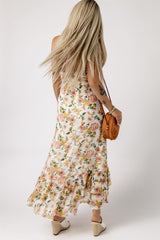 White Flowy Ruffle Slit Halter Neck Floral Dress