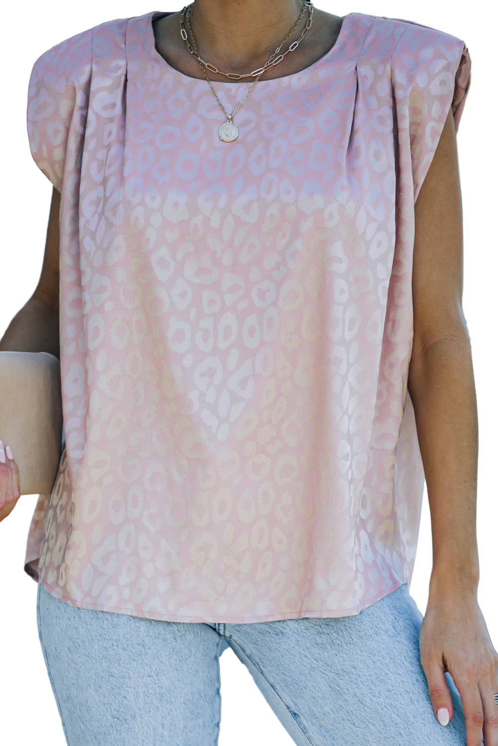 Pink Leopard Pleated Cap Sleeve Top