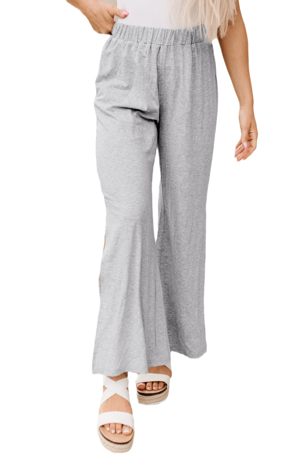 Gray Side Slits Wide Leg High Waist Pants