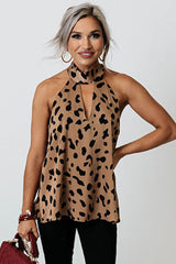 Leopard Print Keyhole Lace-up Halter Open Back Tank Top