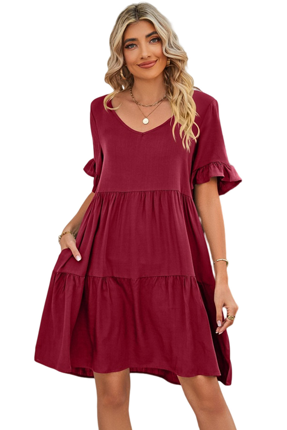 Red V Neck Ruffle Short Sleeve Flared Midi Dress