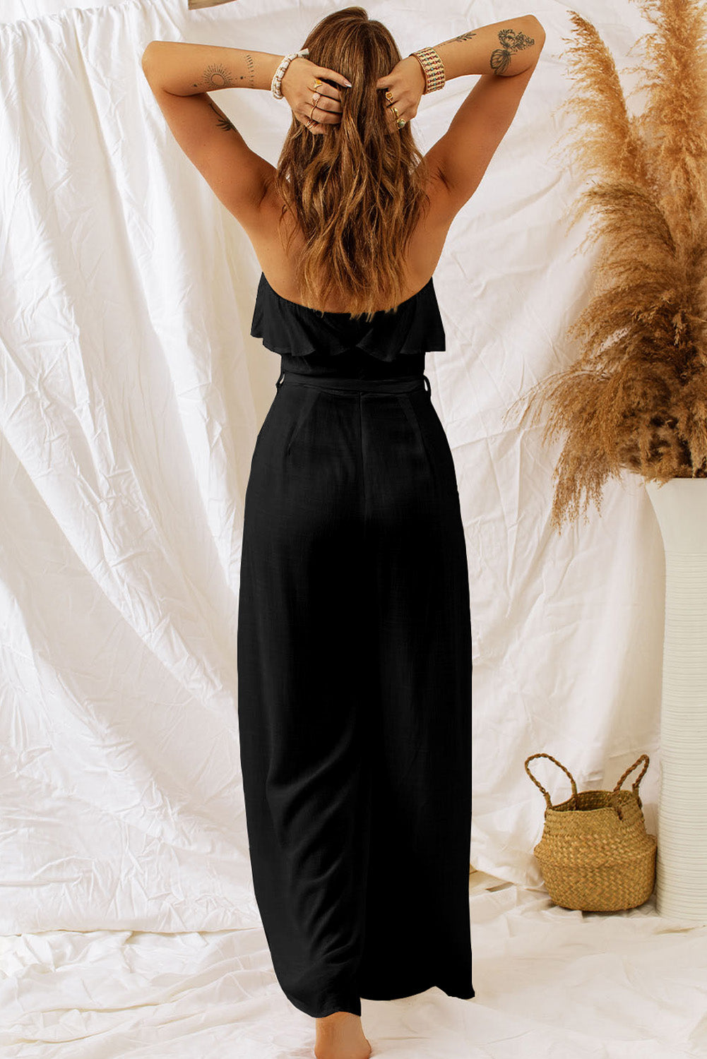 Black Ruffled Bandeau Wide Leg Jumpsuit