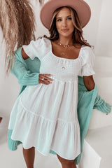 White Smocked Square Neck Textured Mini Dress