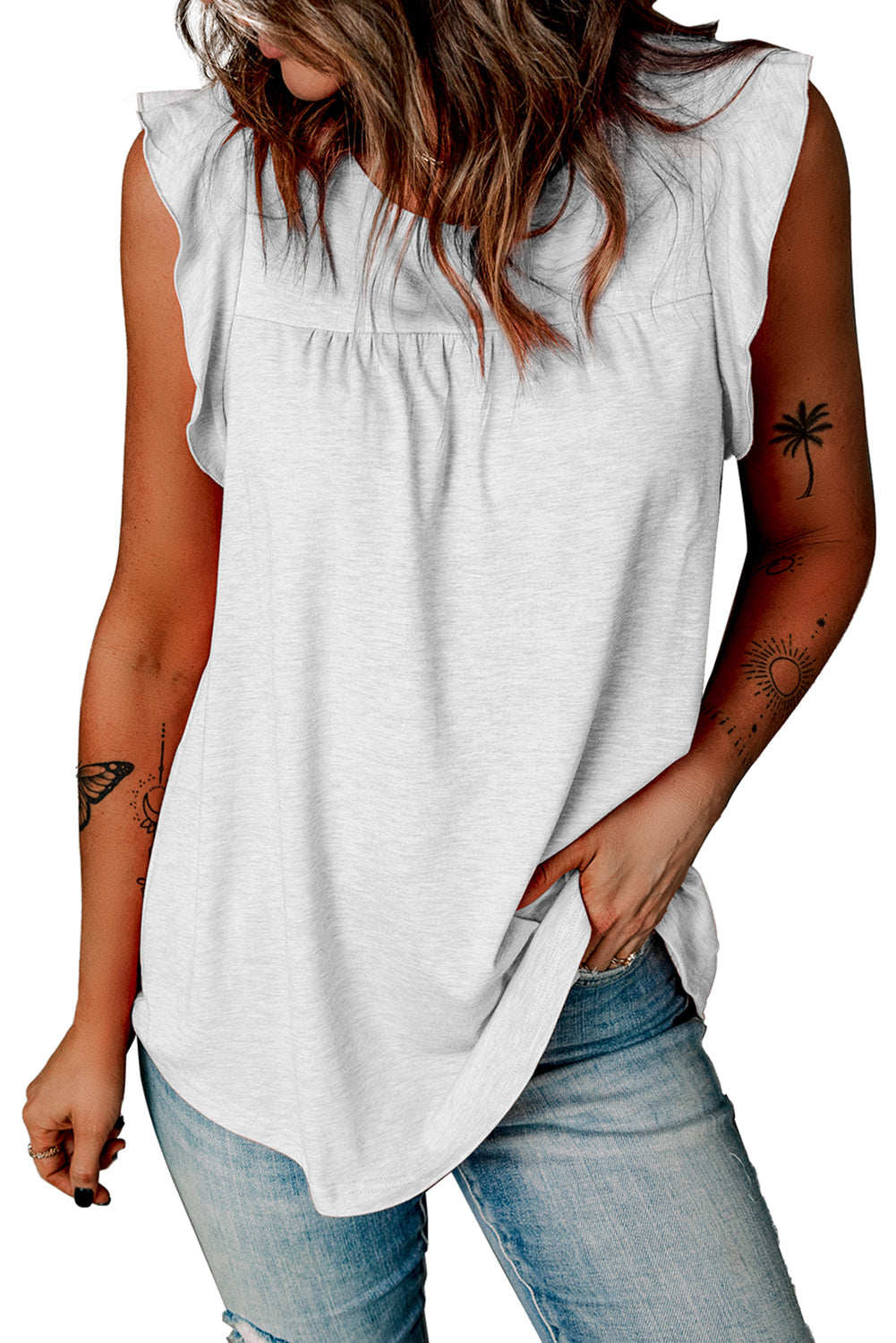 White Keyhole Back Ruffled Sleeveless Top