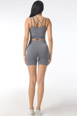 Gray Cut Out Criss Cross Yoga Top and High Waist Sports Shorts Set