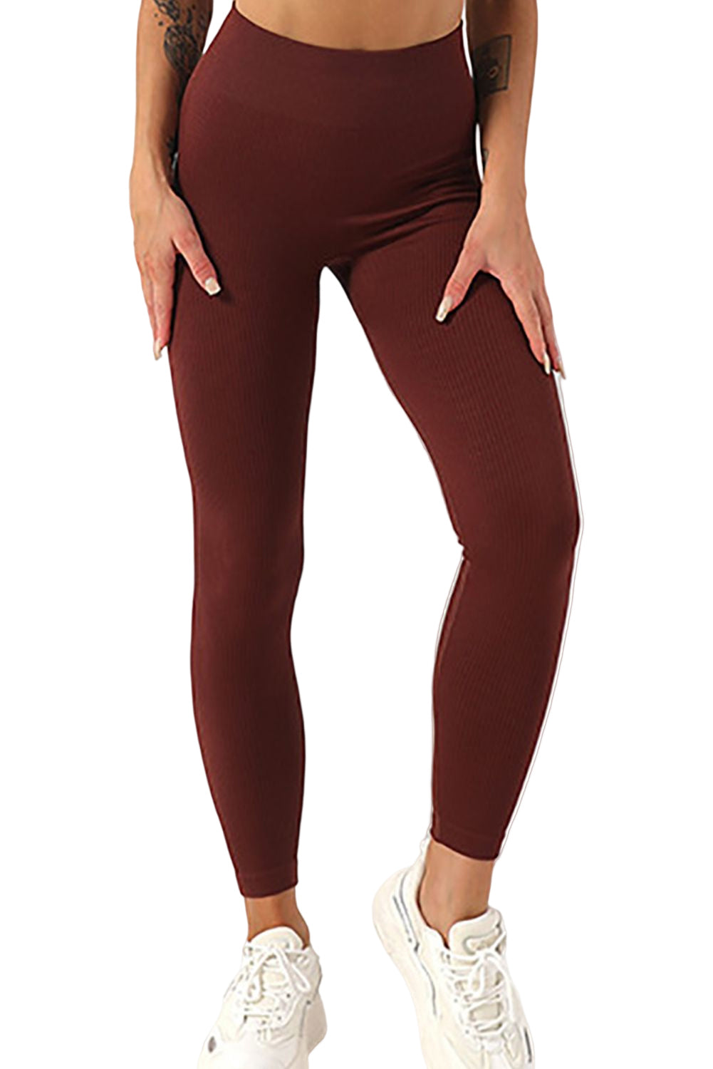 Brown Solid Ribbed High Waist Tummy Control Yoga Pants