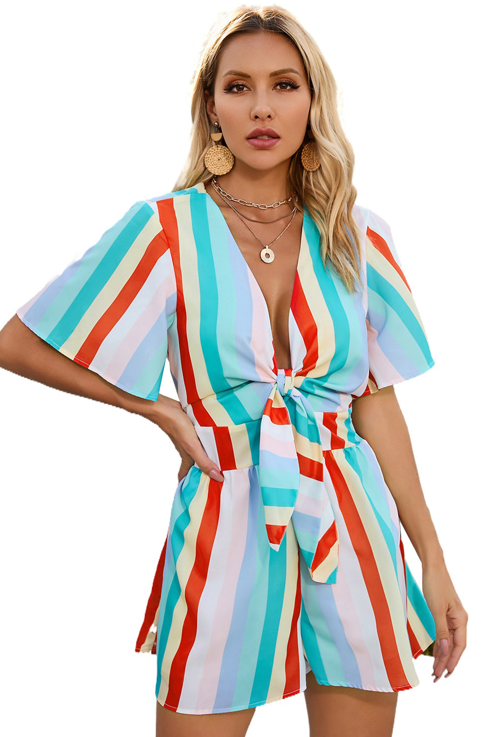 Multicolor Stripe Print Tie V Neck Flowy Romper