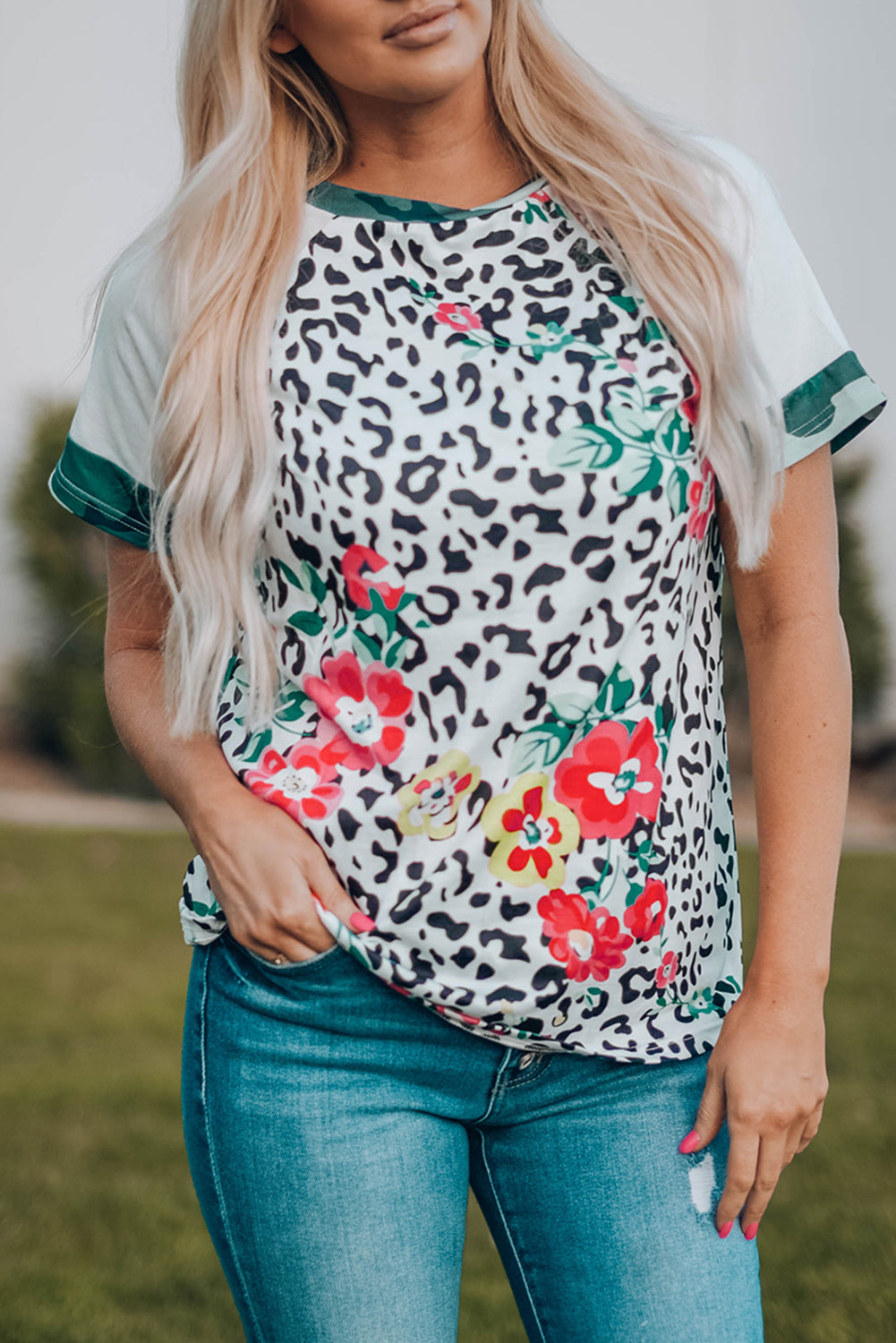 Leopard Floral Camouflage Raglan Sleeve T-shirt