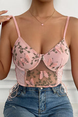 Pink Embroidered Butterfly Side Tie Mesh Bustier Bralette