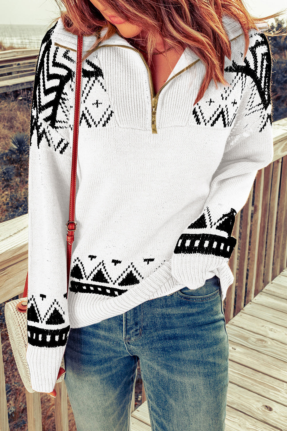 Blue Geometry Knit Quarter Zip Sweater