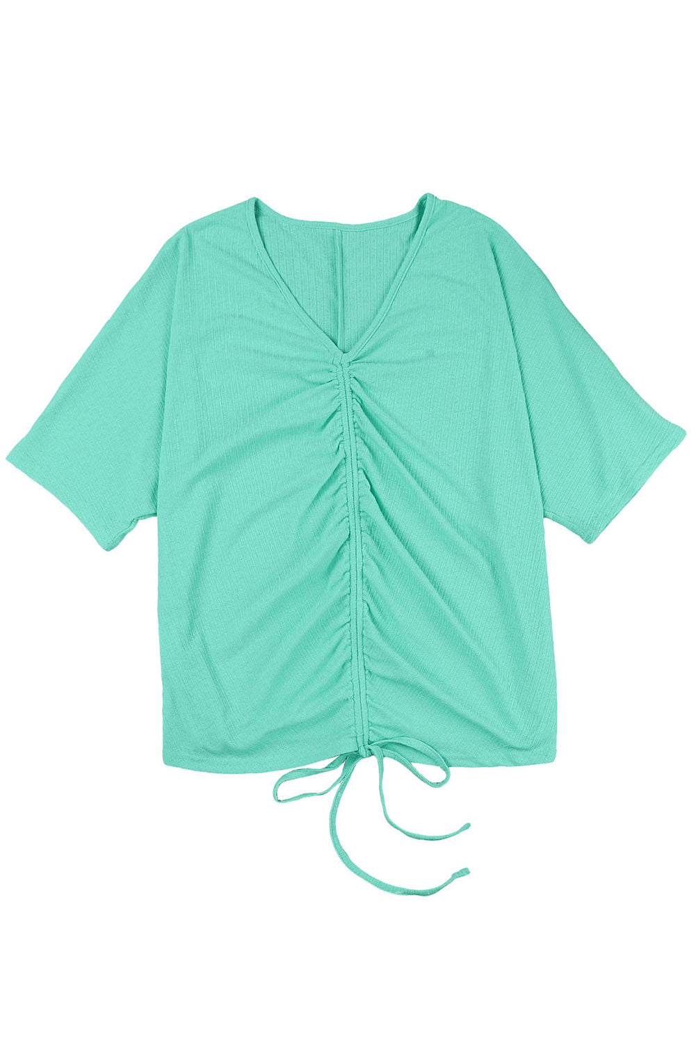 Green Plus Size Ruched Rib Drawstring V Neck Top