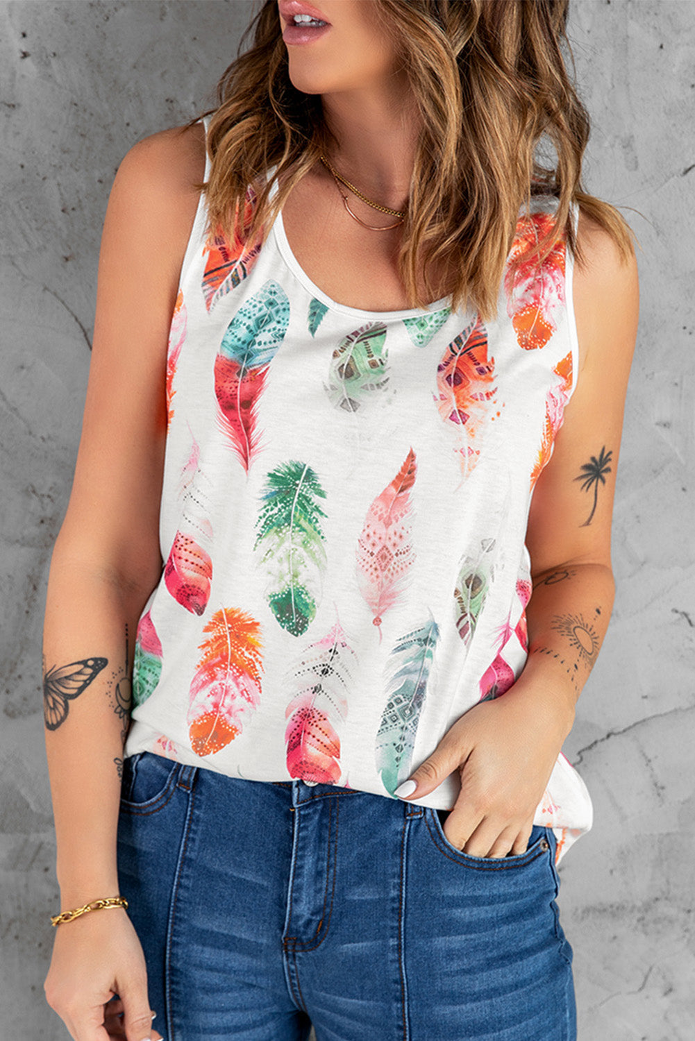 White Aztec Feather Tank Top