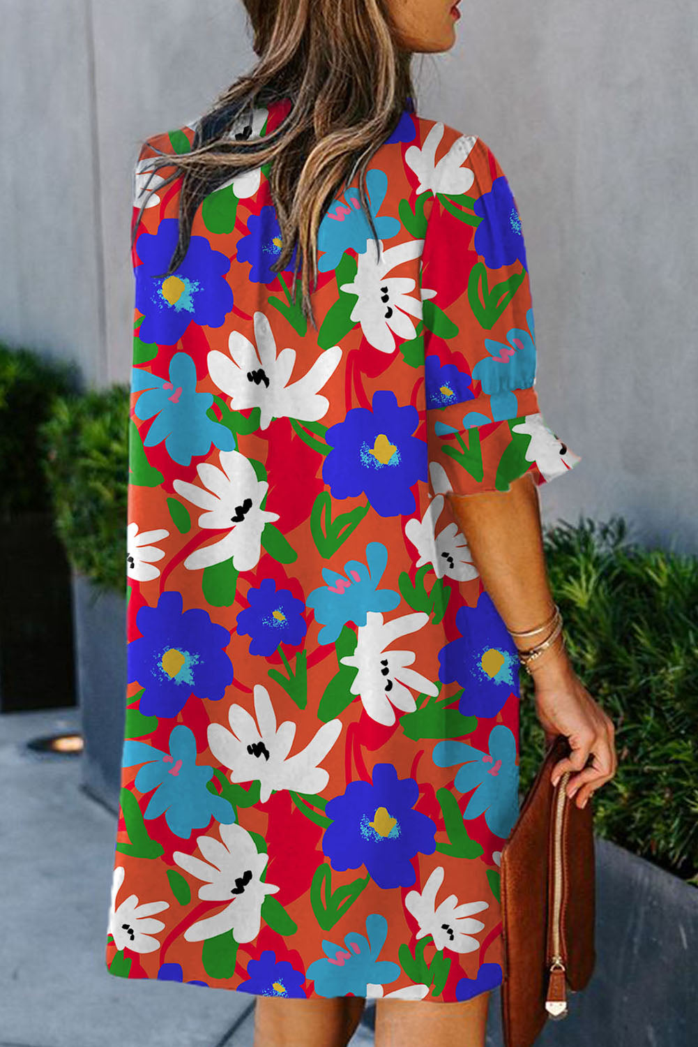 Multicolor Split V Collar Ruffle Sleeve Floral Shift Dress