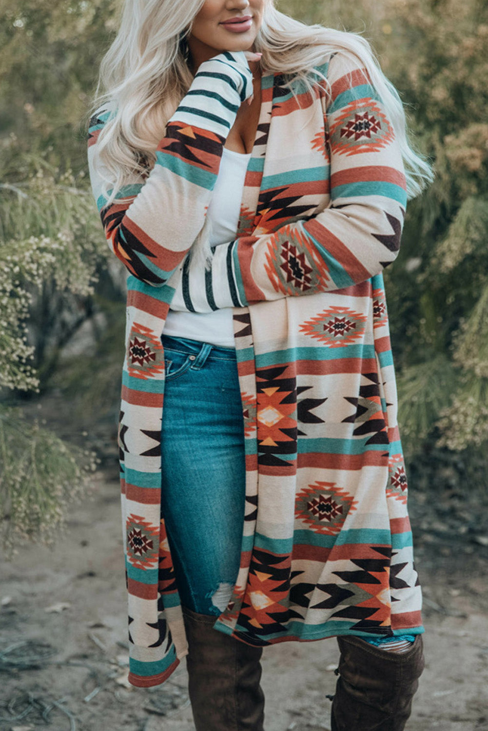 Multicolor Geometric Color Block Open Front Long Cardigan