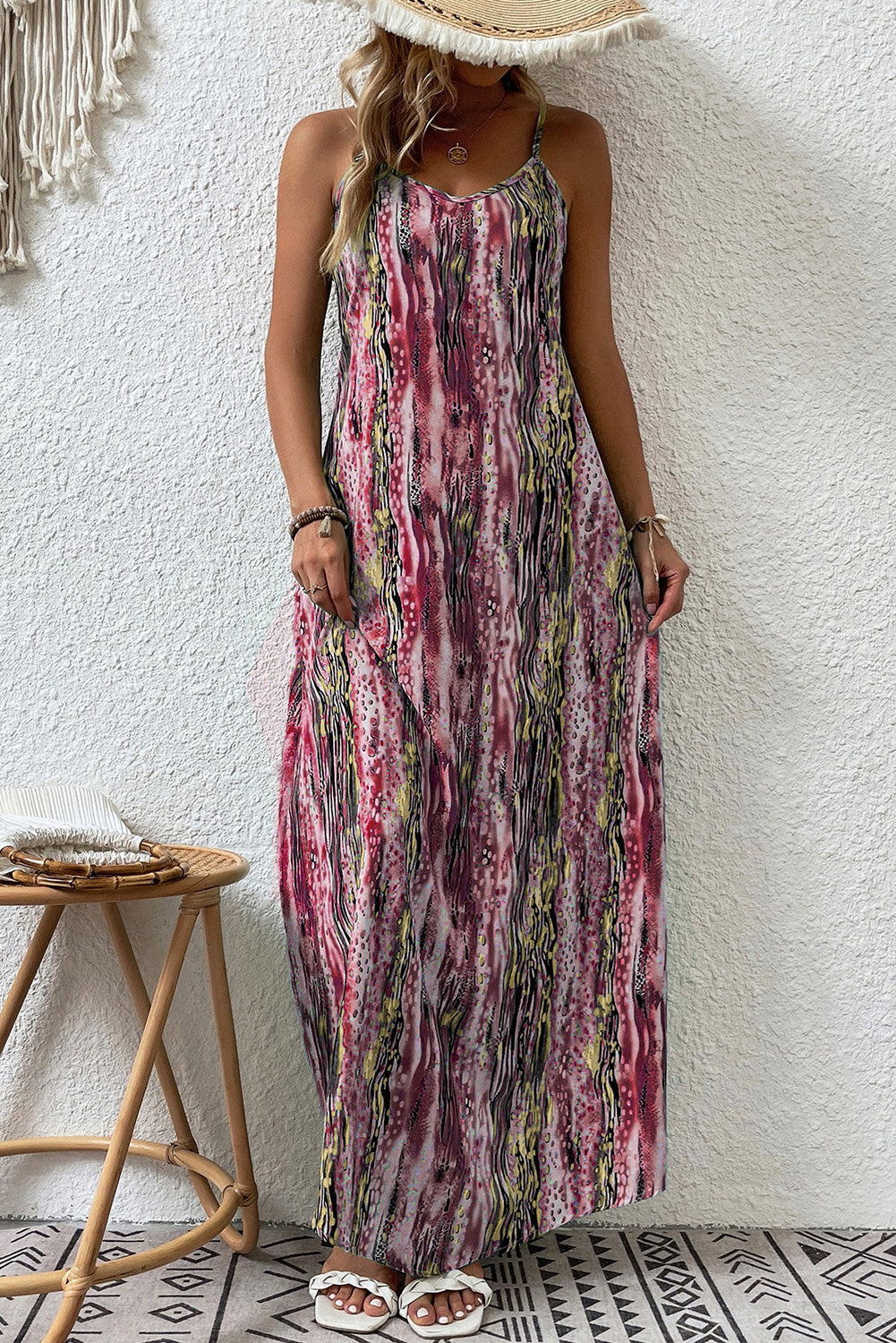 Multicolor Abstract Print Adjustable Spaghetti Strap Maxi Dress