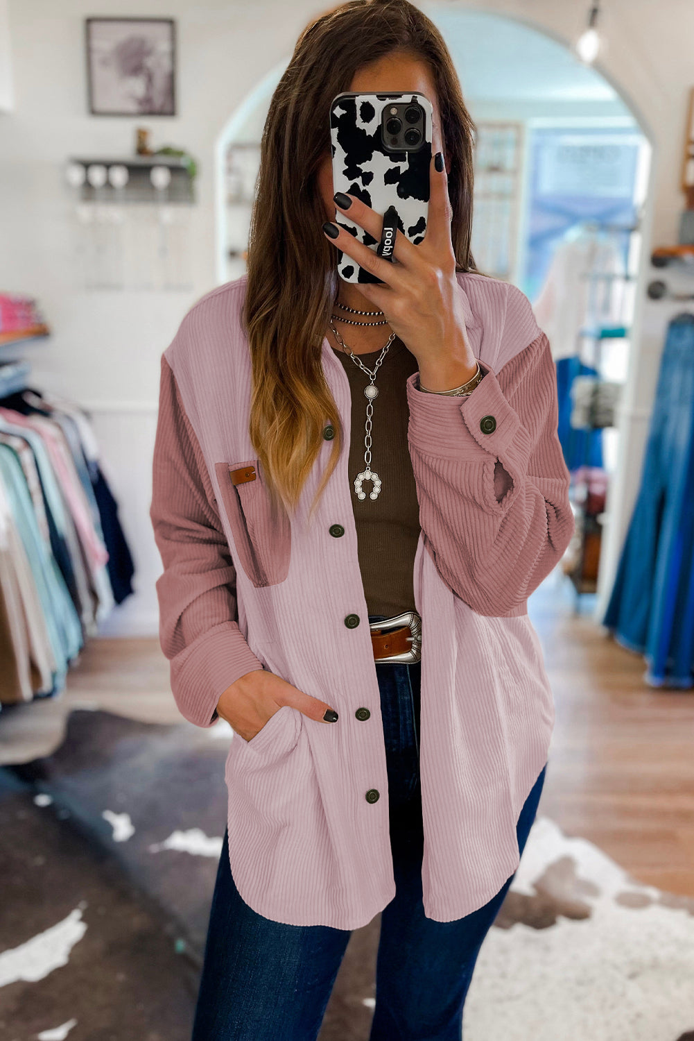 Beige Corduroy Buttoned Front Pocketed Shacket