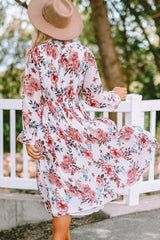 Beige Floral Print Puffy Sleeve Ruffled Midi Dress