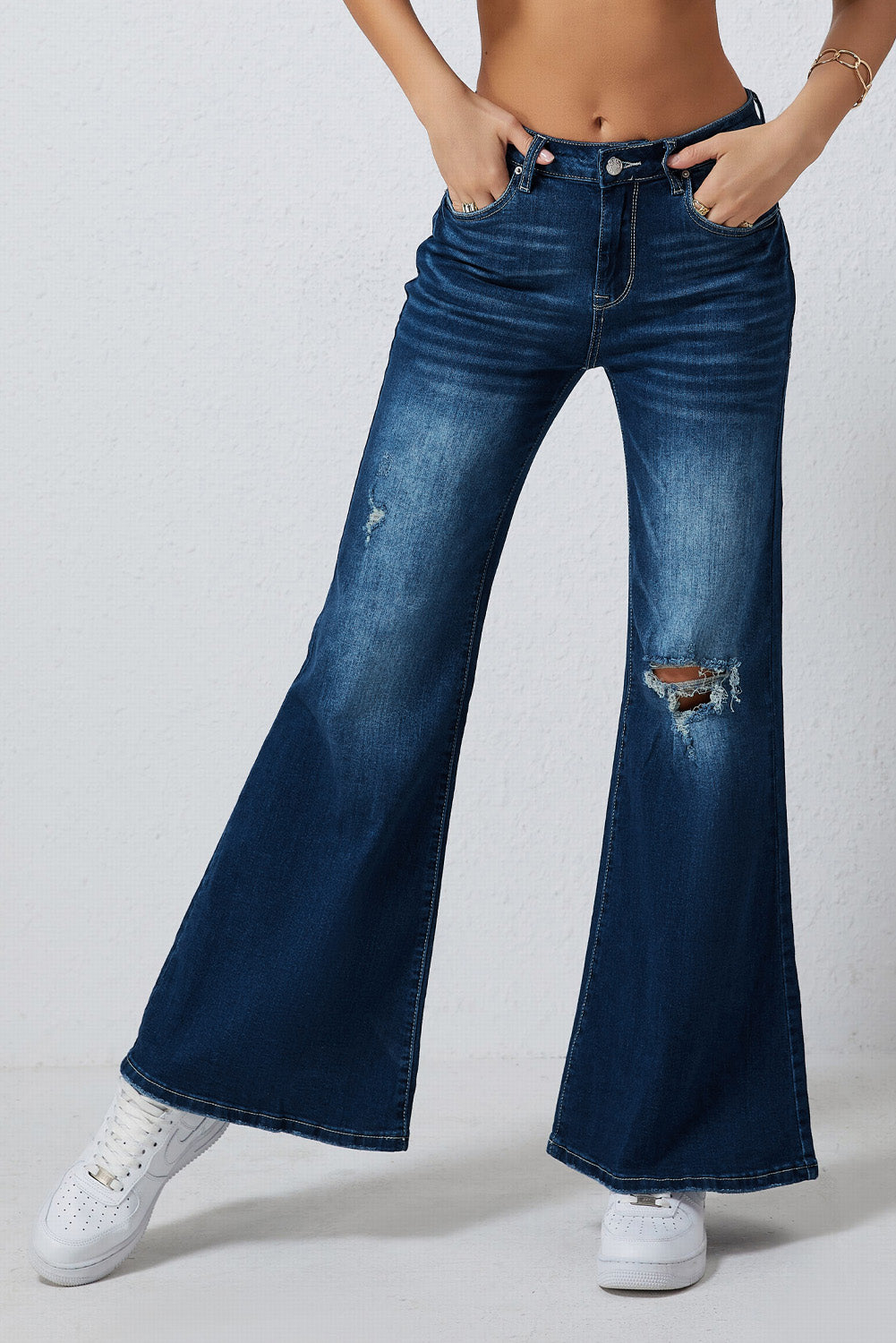 Blue Asymmetric Open Knee Distressed Flare Jeans