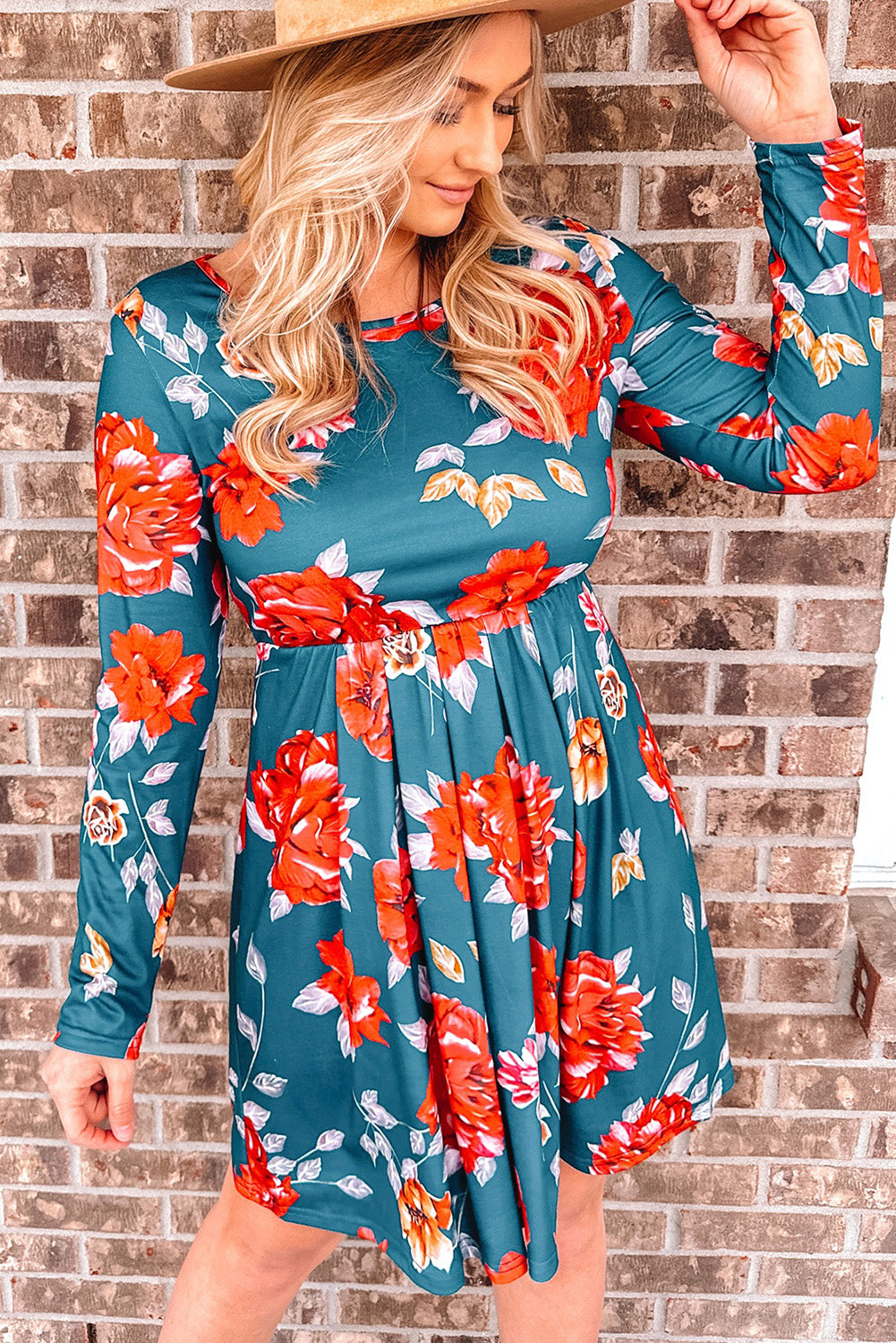 Blue Floral Pleated Long Sleeves Dress