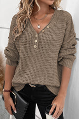 Khaki Pointelle Knit Button V Neck Drop Shoulder Sweater