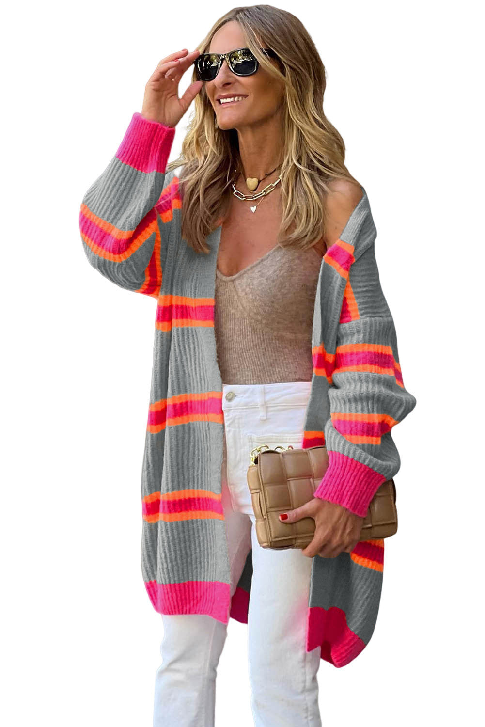 Medium Grey Stripe Printed Ribbed Long Knitted Cardigan