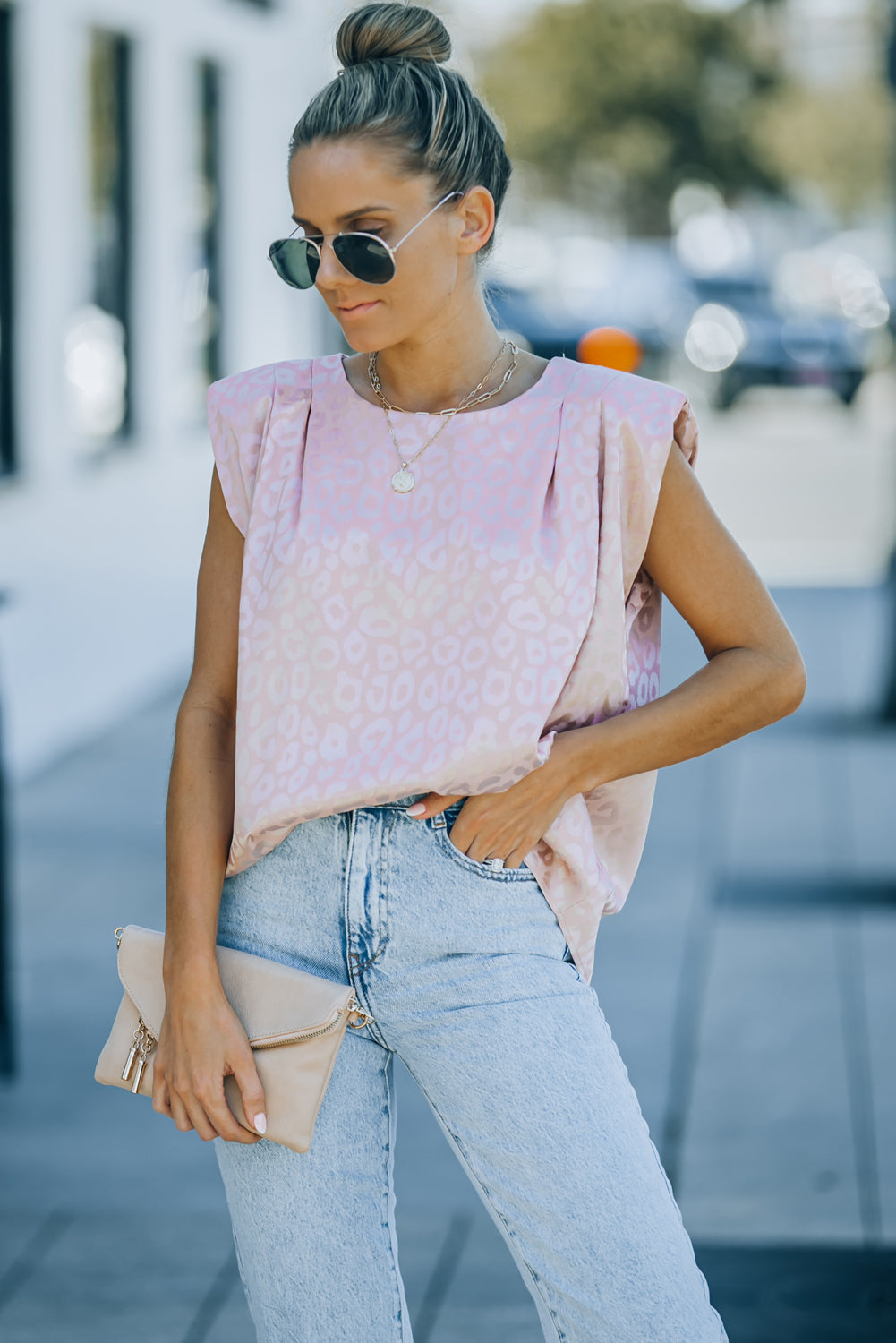 Pink Leopard Pleated Cap Sleeve Top