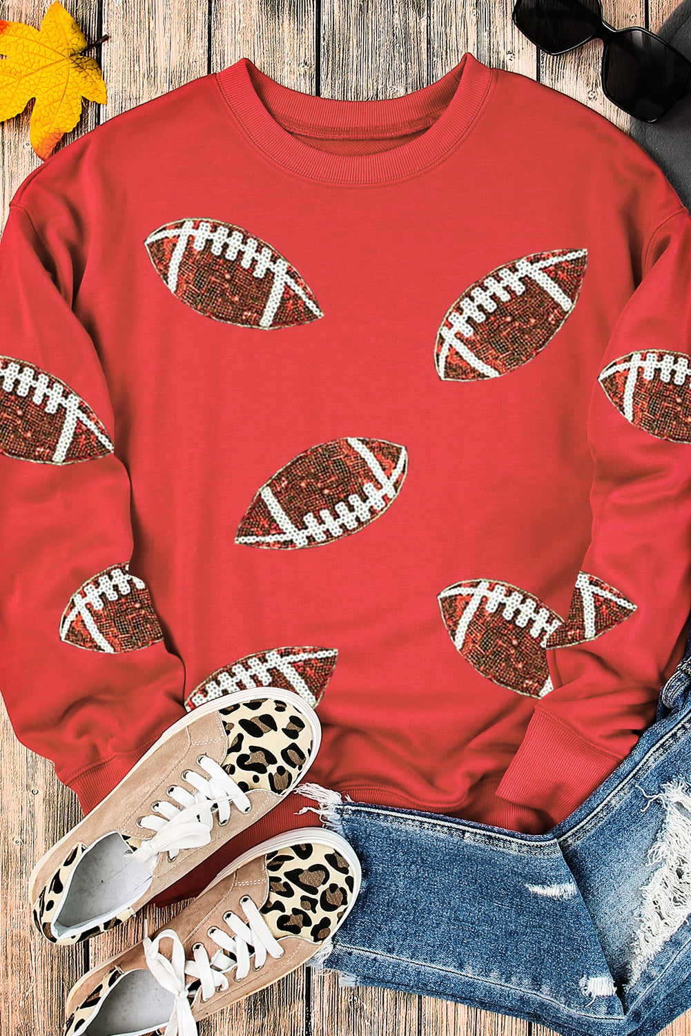 Red Sequined Rugby Graphic Drop Shoulder Sweatshirt