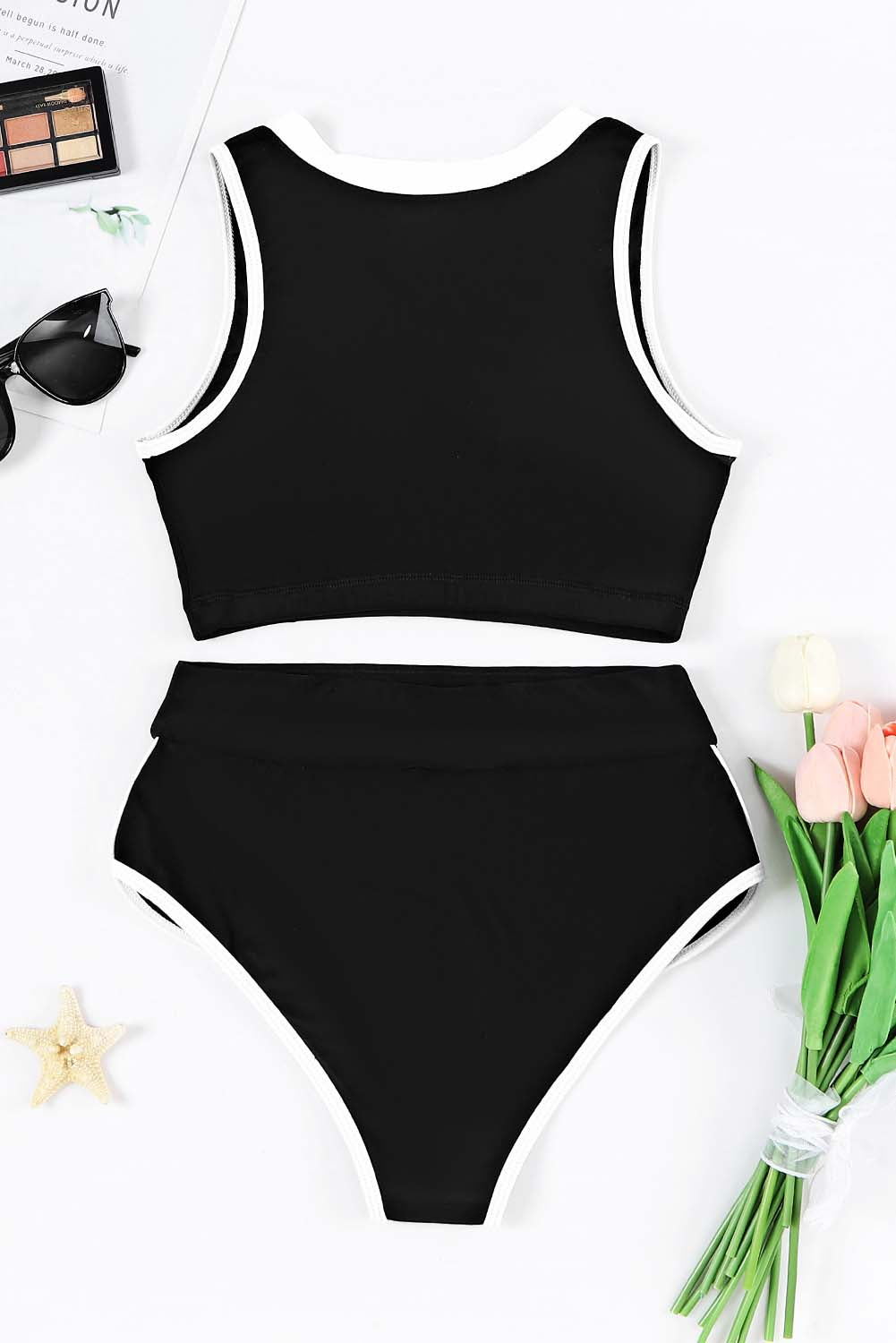 Rose 2pcs Contrast Trim Active Bikini Swimsuit