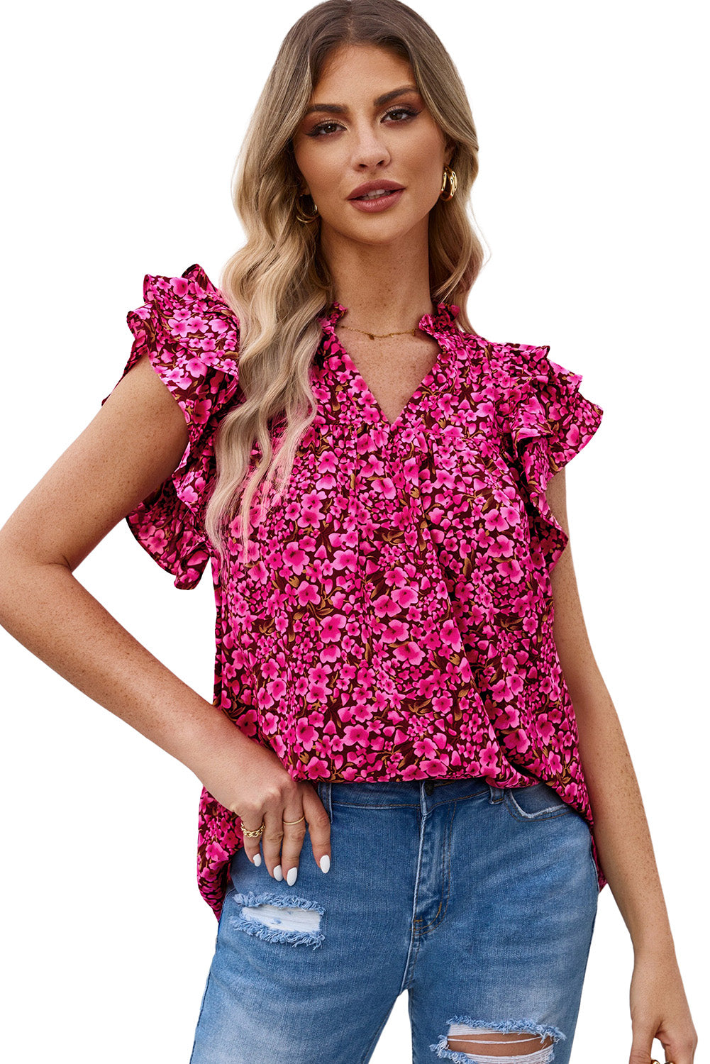 Khaki Floral Print Tiered Flutter Sleeve V Neck Top
