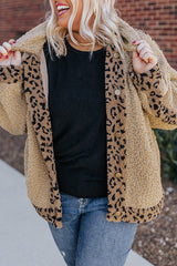 Khaki Plus Size Leopard Trim Button up Sherpa Jacket