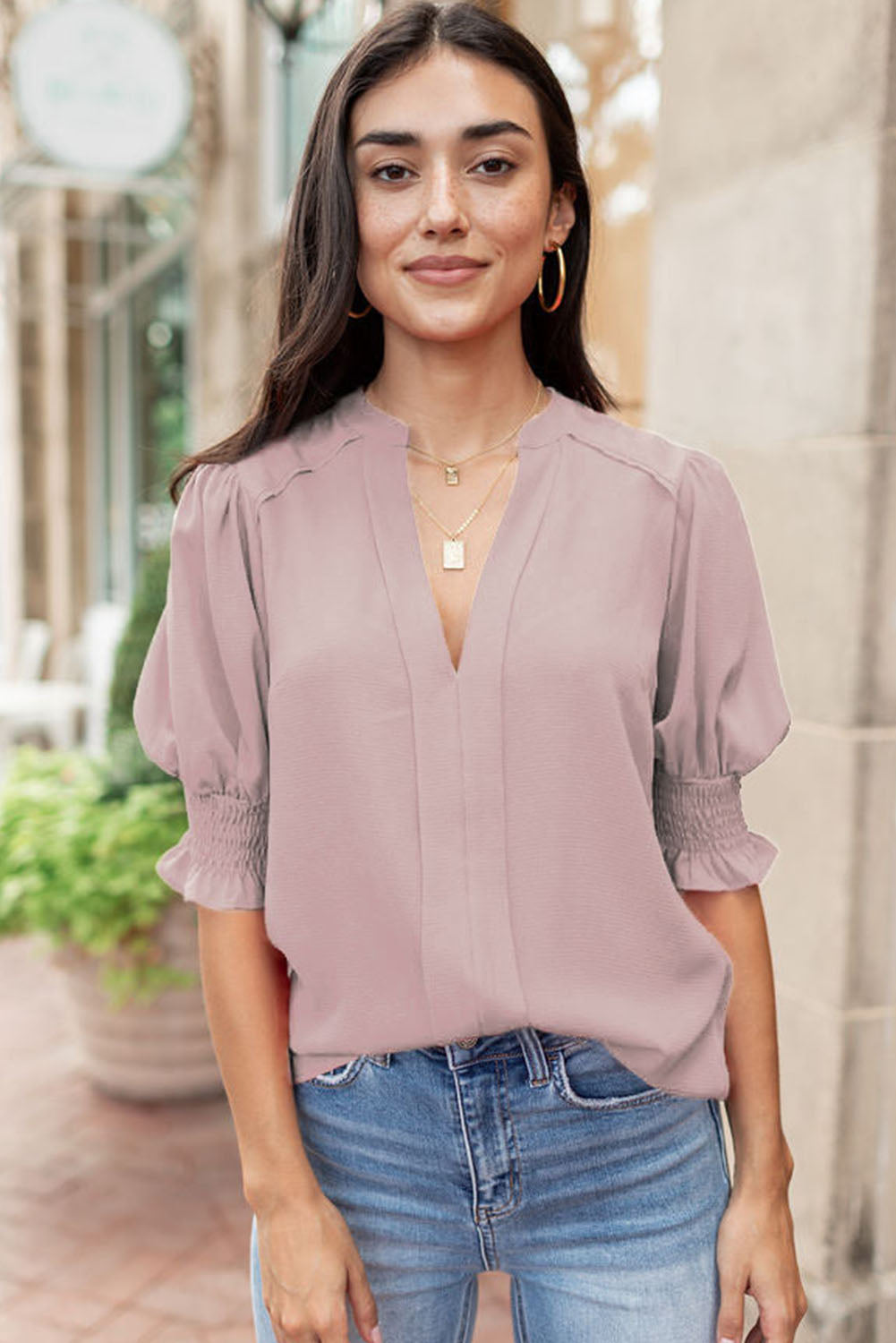 Red Solid Color Half Sleeve V Neck Blouse