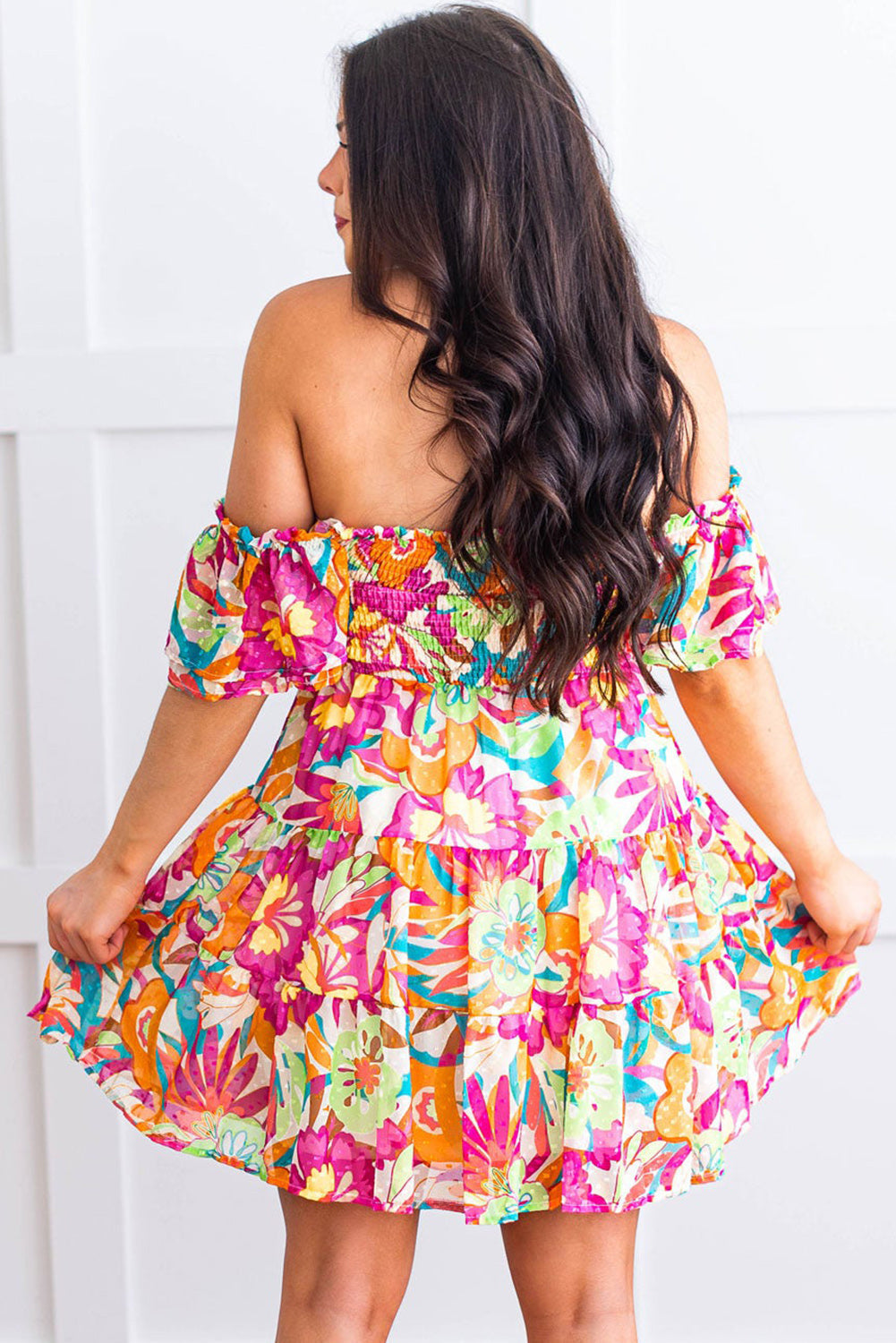 Multicolor Boho Off-shoulder Smocked Tiered Floral Dress