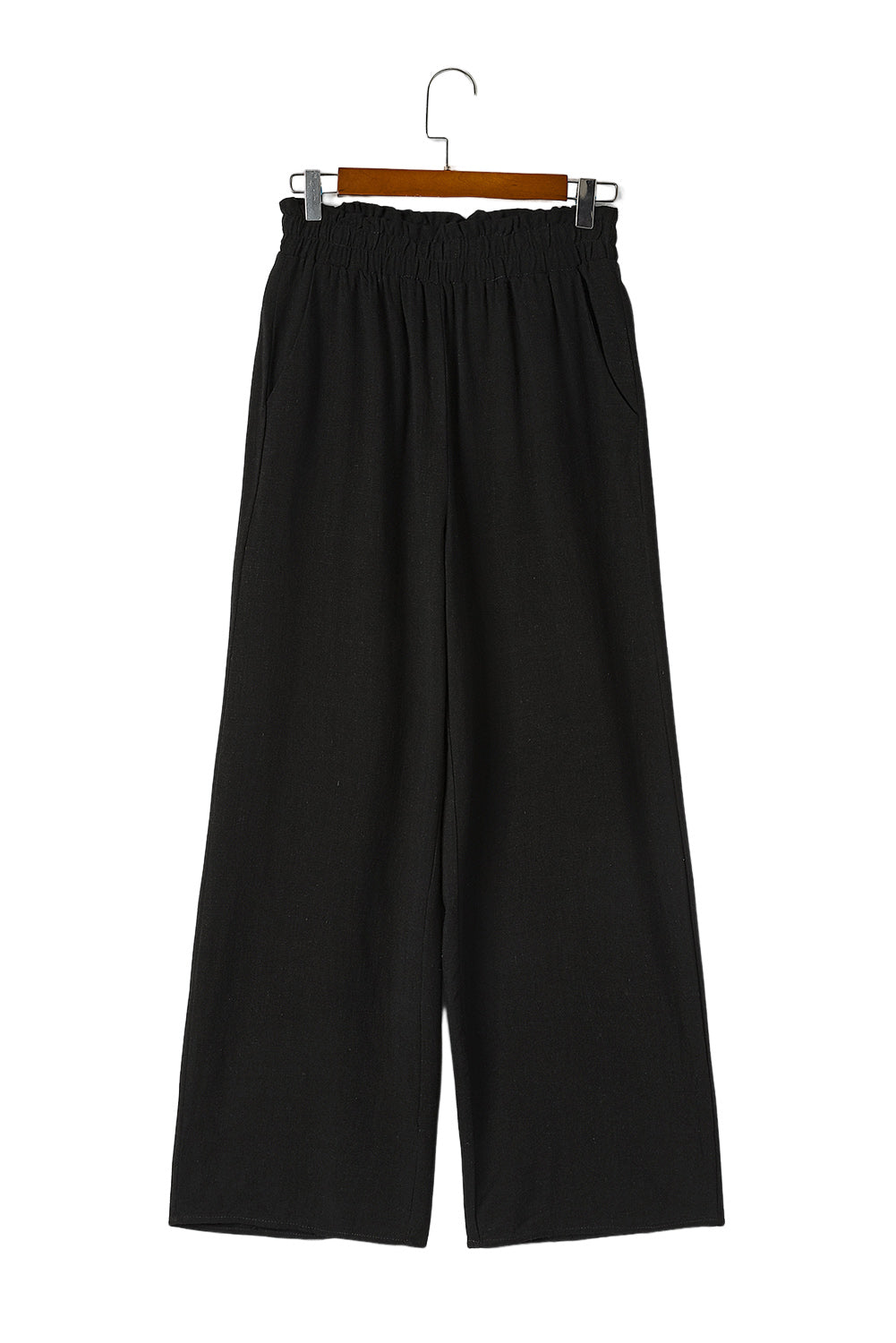 Black Wide Leg Elastic Waist Casual Pants with Pockets