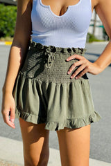 Green Smocked Wide Waistband Ruffled Casual Shorts