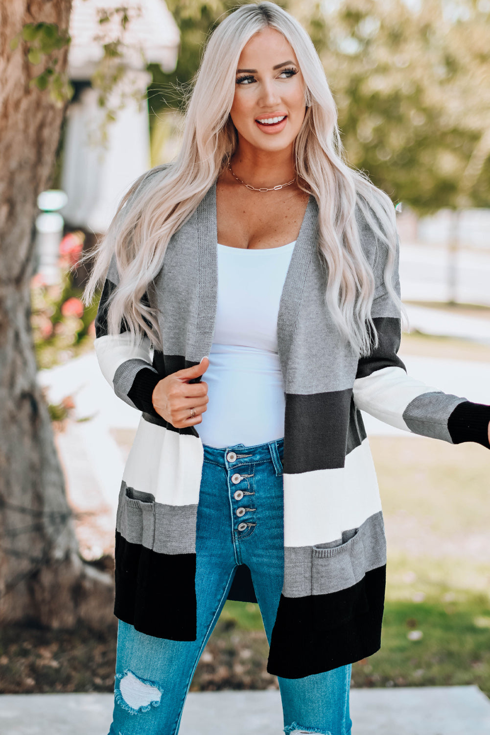 Khaki Open Front Colorblock Cardigan with Pockets