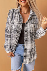 White Plaid Print Pocketed Shirt Jacket