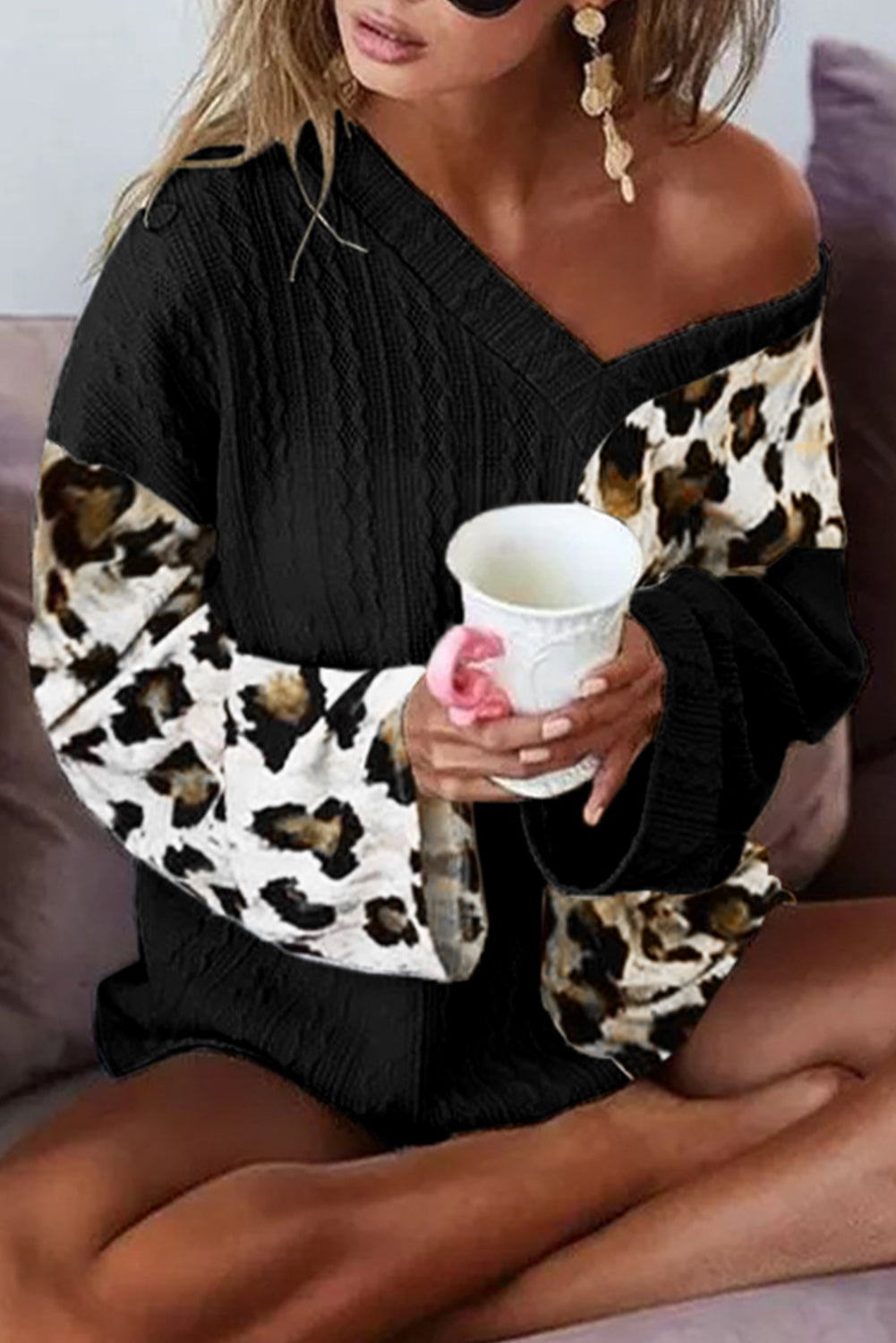 Khaki Asymmetric Leopard Patchwork Wide Sleeve V Neck Sweater