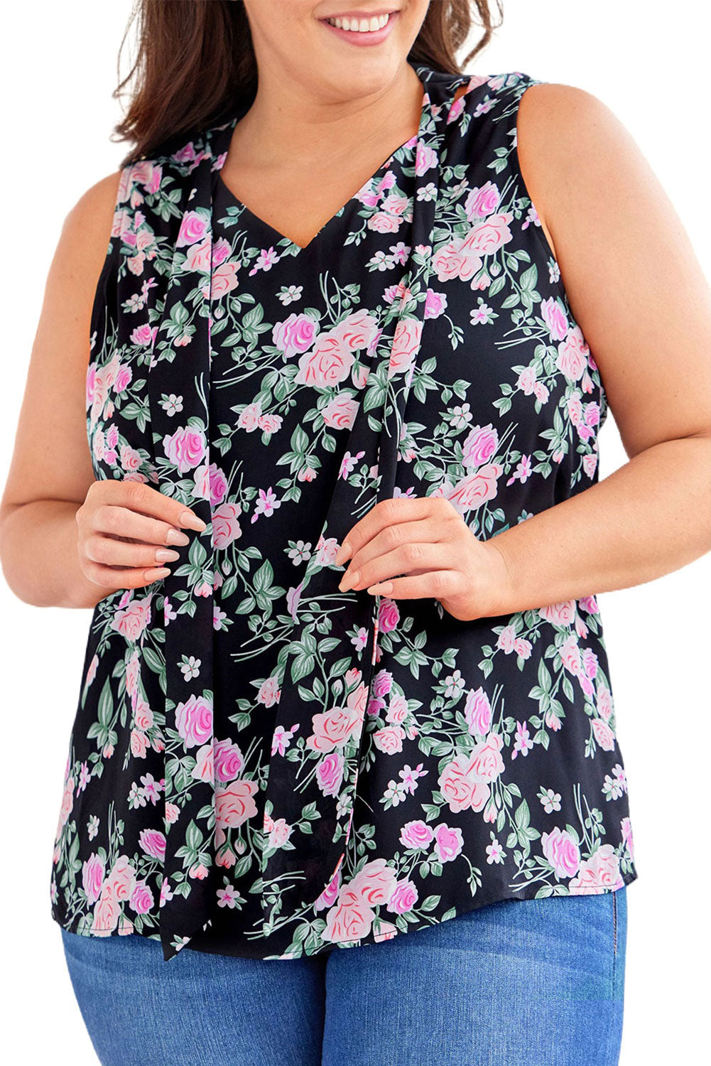 Black Plus Size Floral Print Ribbon V Neck Tank Top