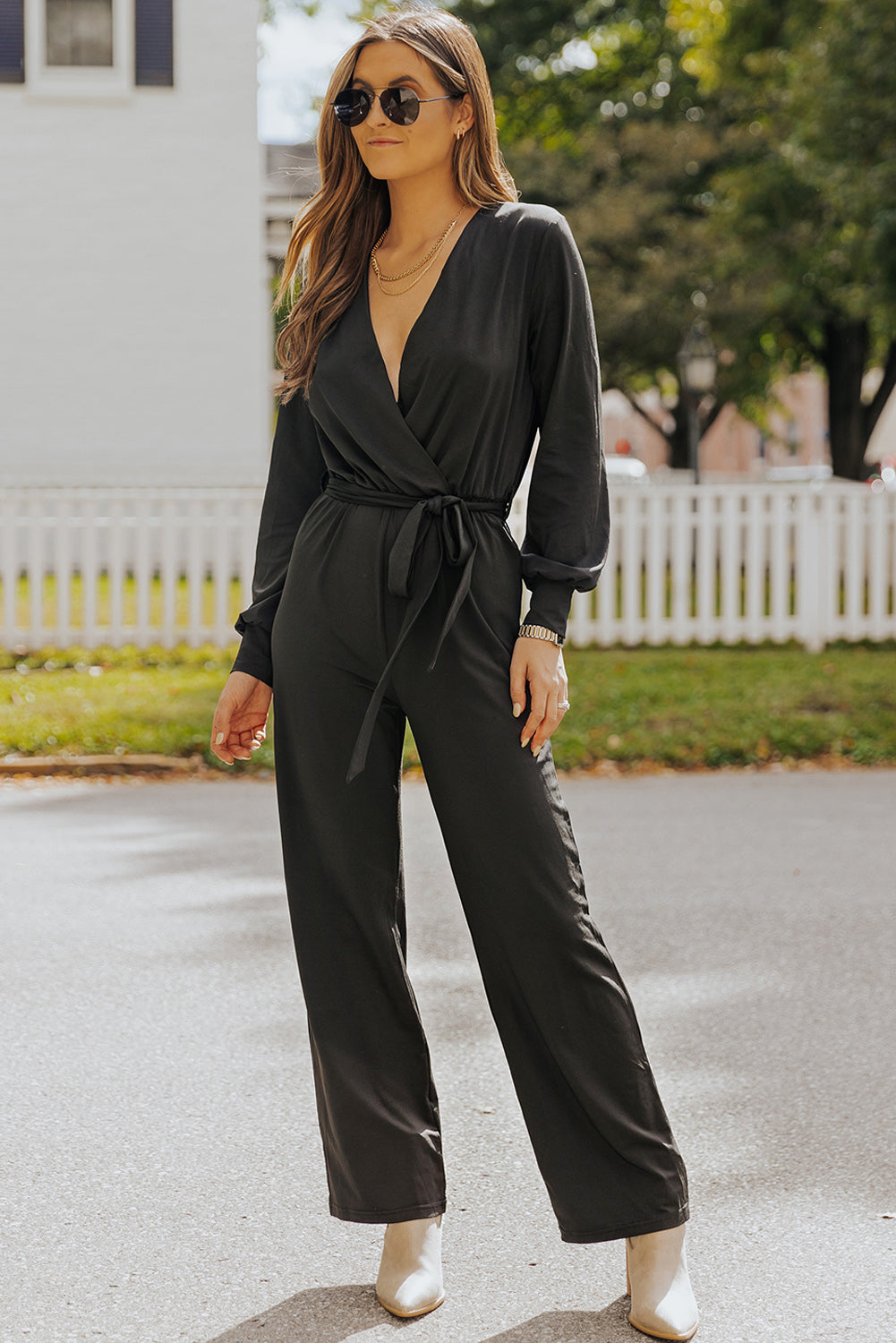 Black V Neck Wrap Waist Tie Long Sleeve Jumpsuit