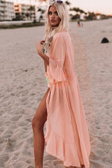 Pink Ruffle Half Sleeve Tie Front Flowy Beach Cover Up