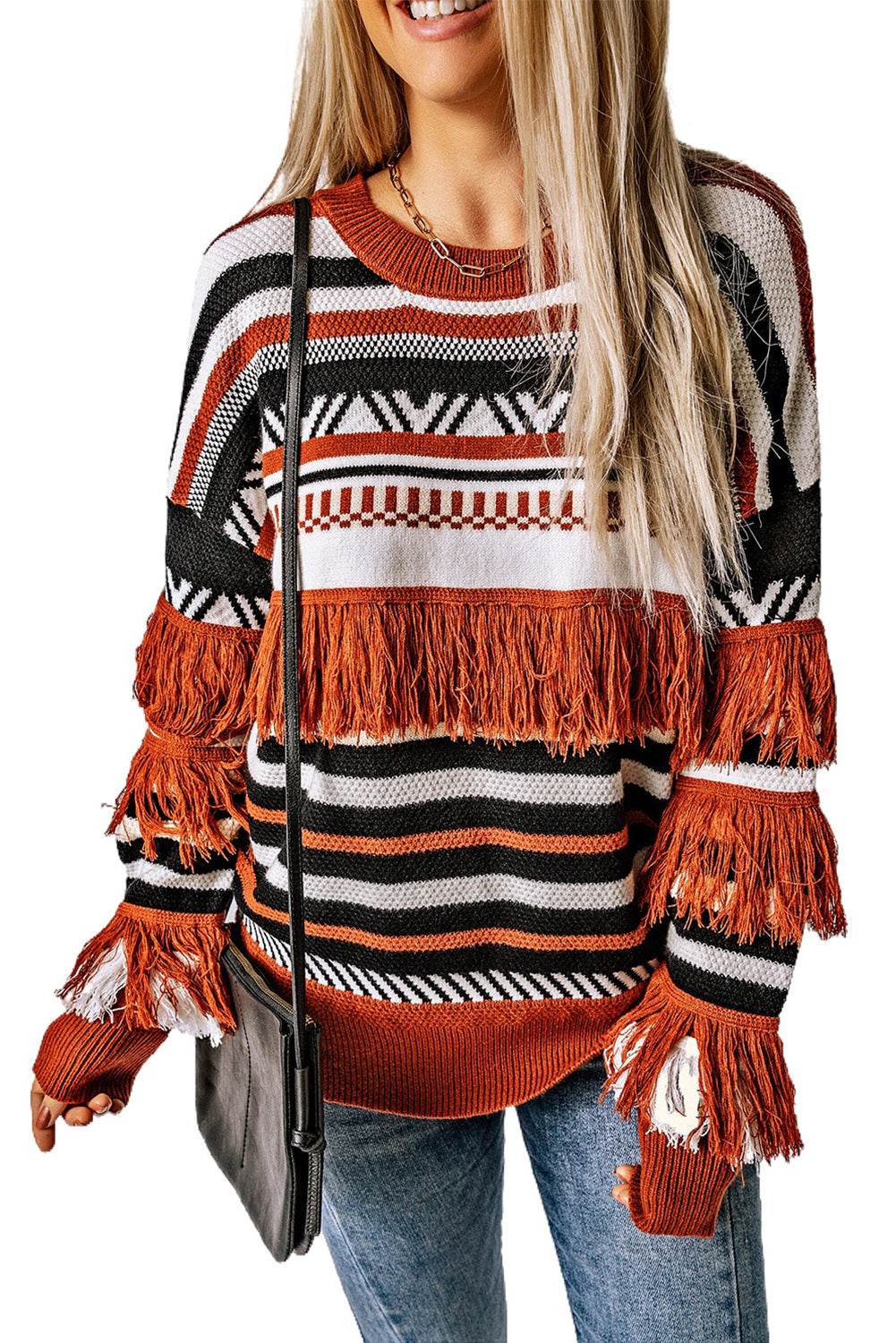 Multicolor Round Neck Striped Sweater with Fringe