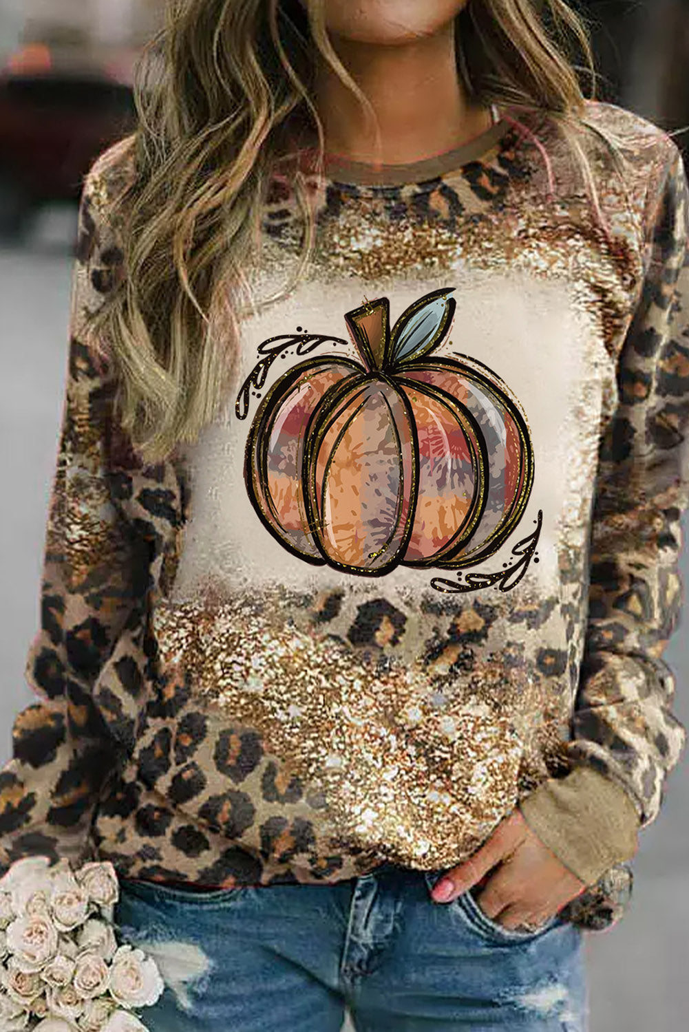 Leopard Tie Dyed Polished Pumpkin Graphic Long Sleeve Top