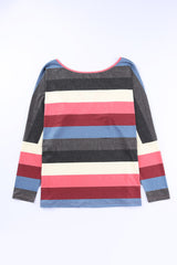 Multicolor Striped Mesh Splicing Round Neck Long Sleeve Top